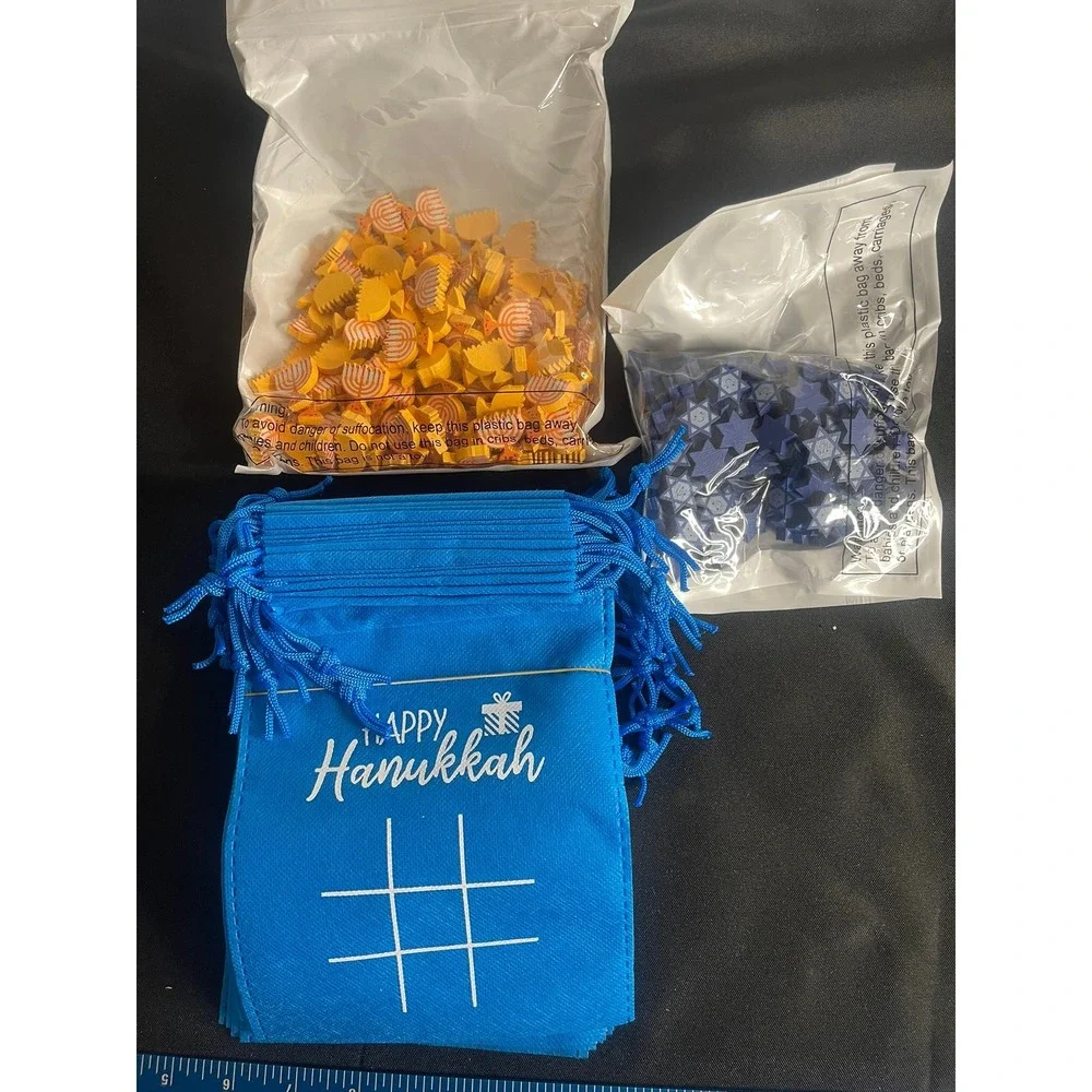Happy Hanukkah Tic Tac Toe Game Set Blue Drawstring‎ Bags Wooden Pieces Bulk